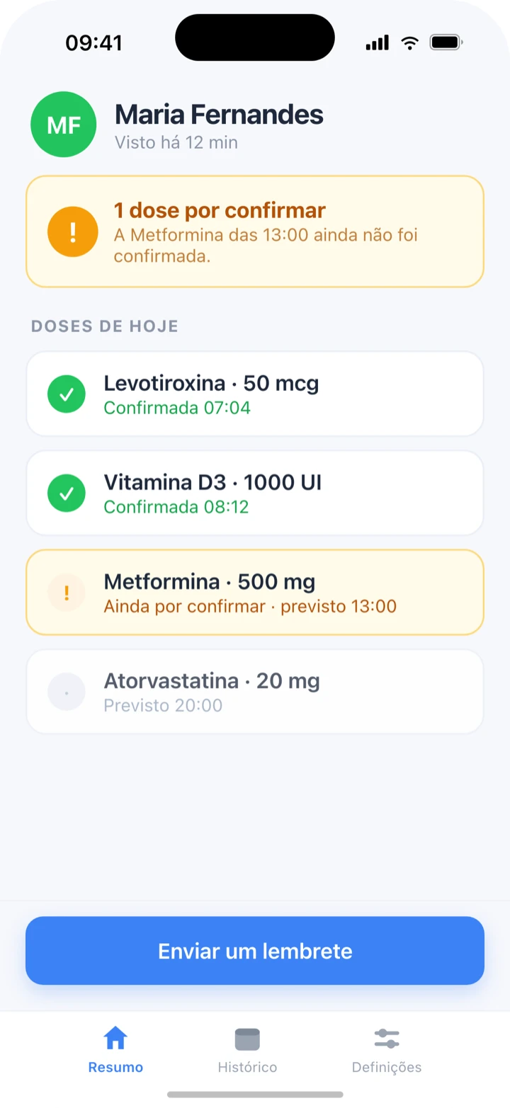 Painel do cuidador no Pillert com as doses confirmadas e uma dose por confirmar