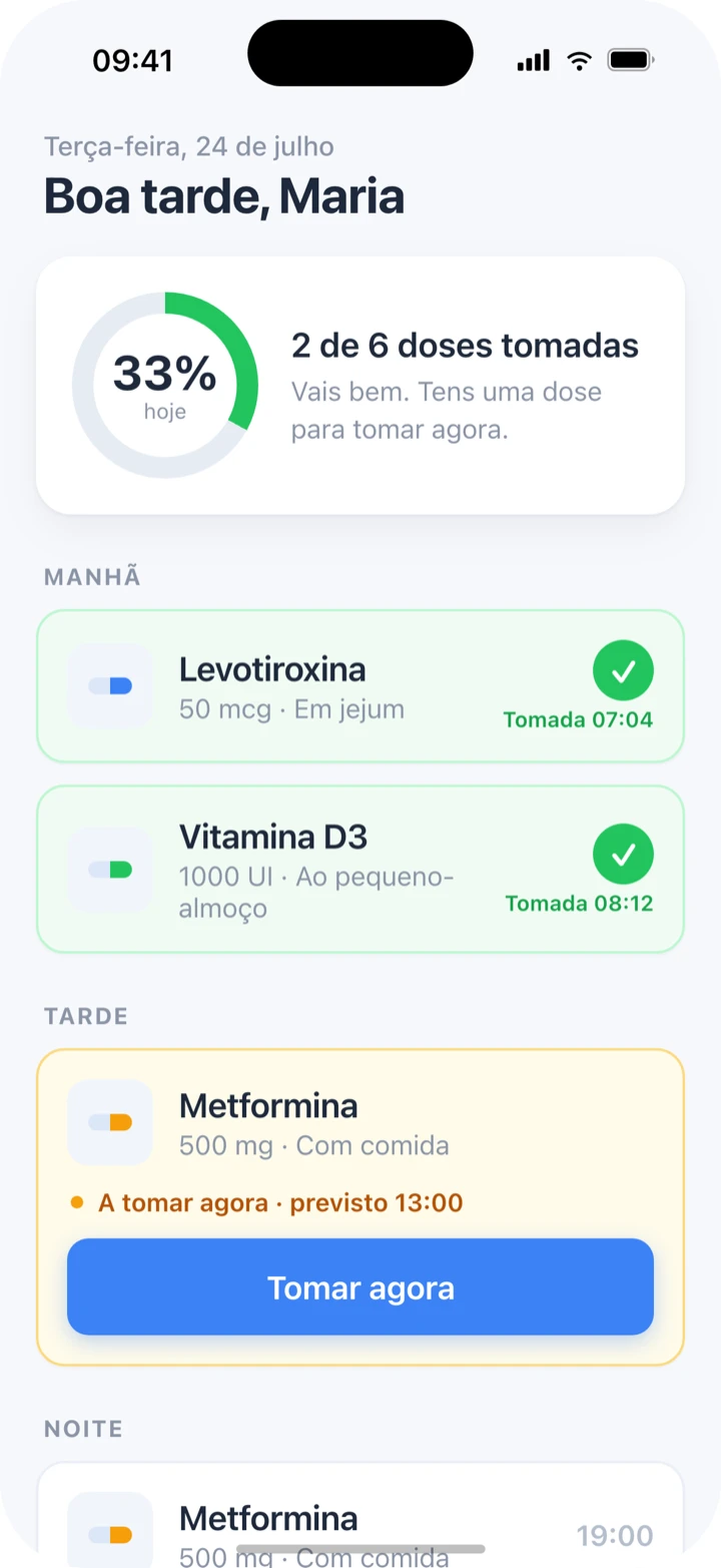 Ecrã Hoje do Pillert com a próxima dose e as doses já confirmadas