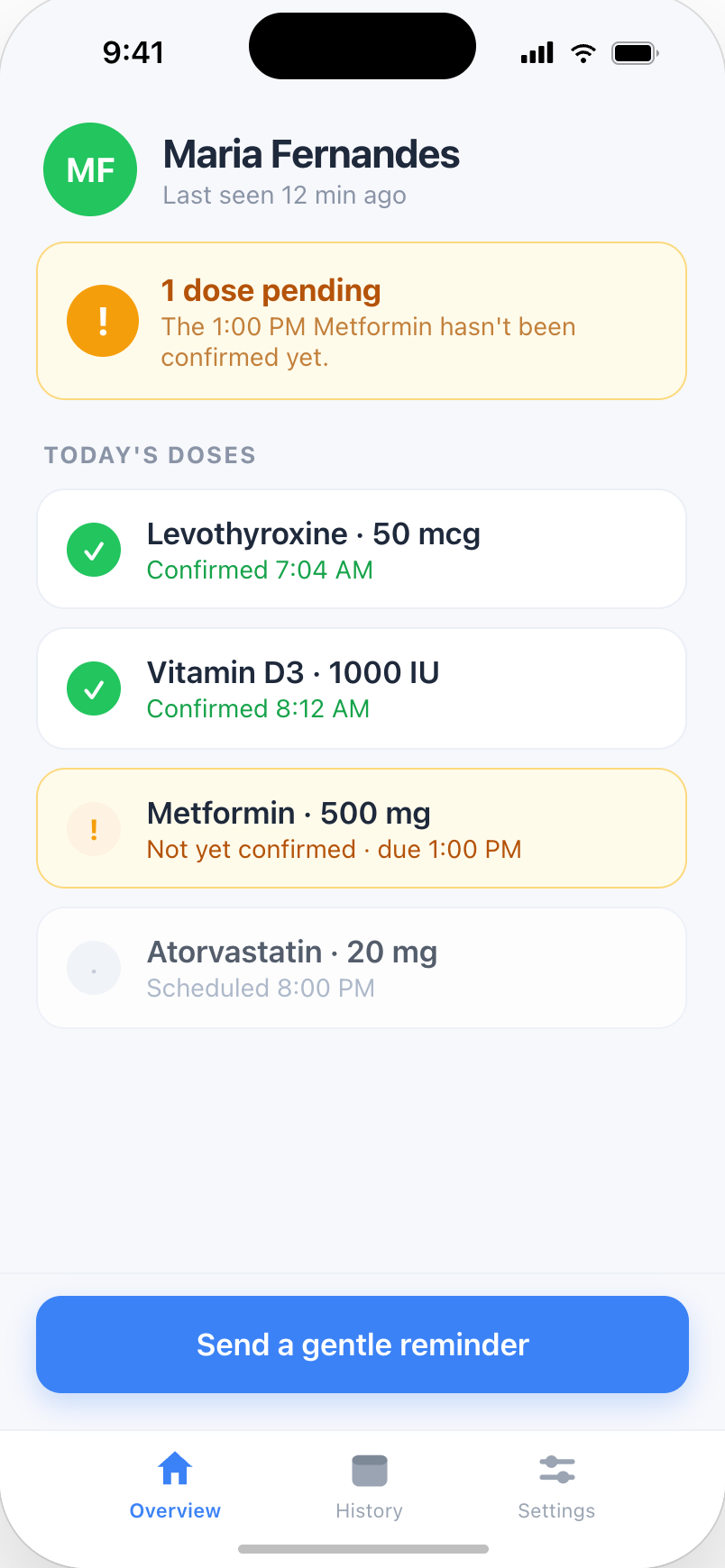 Painel do cuidador no Pillert, com as doses de hoje e uma dose por confirmar